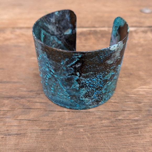 Blue Oxidized Rustic Wide Brass Cuff Bracelet - Picture 7 of 11